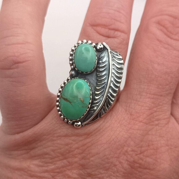 Handmade Jewelry - Navajo Kingman Turquoise Ring Sterling Silver Size 9 Green Double Two Stone
